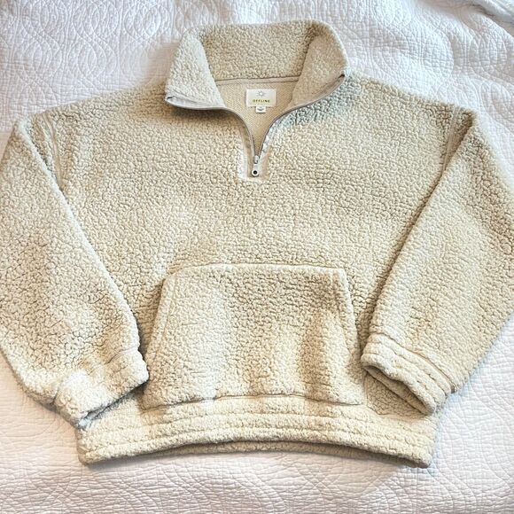 aerie Tops - aerie Offline Sherpa Pull Over 1/4 Zip Cream Cropped Sweatshirt Large Lounge